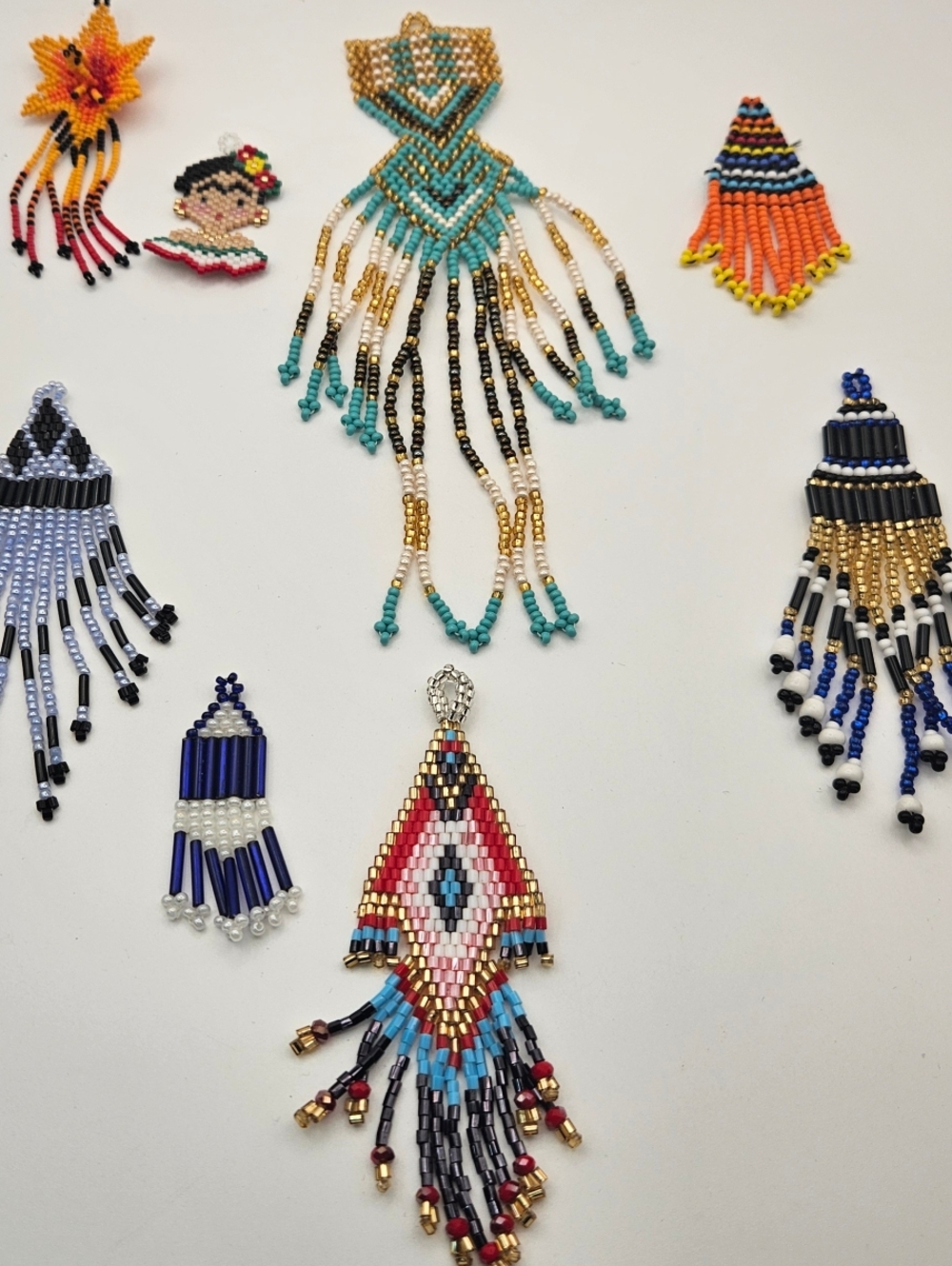 Lot of 8 Vintage Seed Bead  Pendants Charms Huichol Style Boho Frida